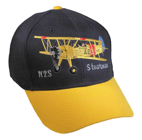 Stearman Airplane - N2S on a Navy/Yellow Cap