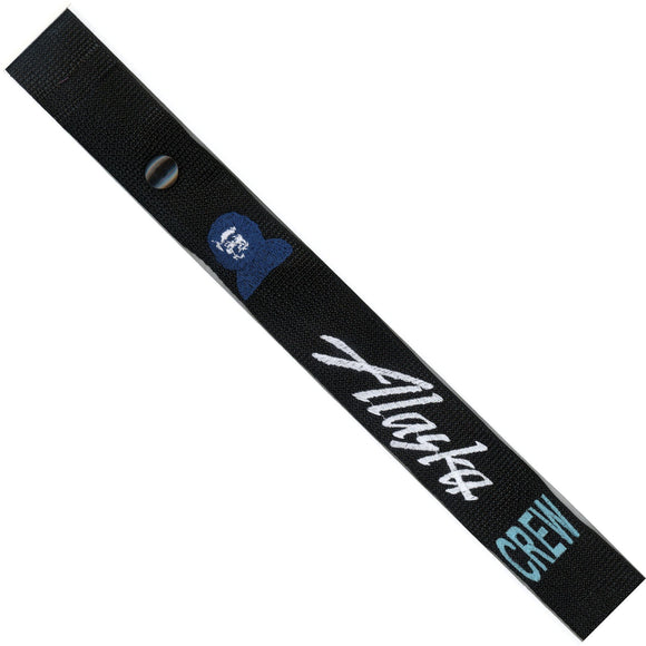 Alaska Airlines  in White, Dark Blue and Light Blue on a Black Crew Tag