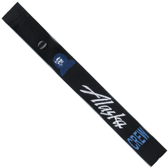 Alaska Airlines  in White, Dark Blue and Medium Blue on a Black Crew Tag