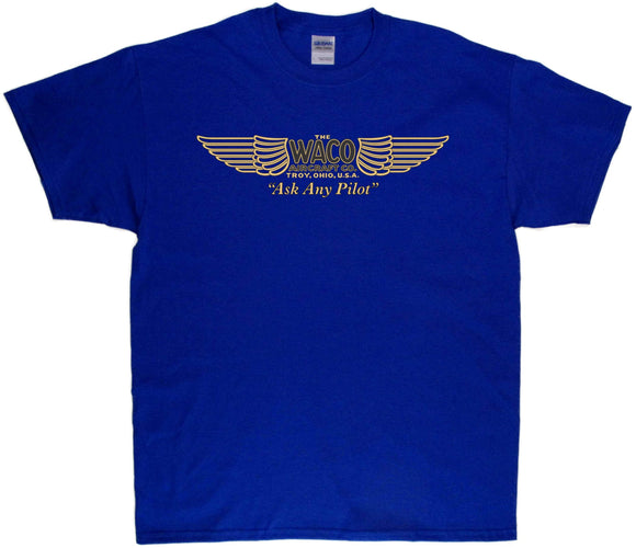 WACO Aircraft logo on a Antique Royal Tee Shirt