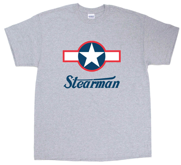Star and Bar Insignia with Stearman Stenciled logo on a Sports Grey Tee Shirt