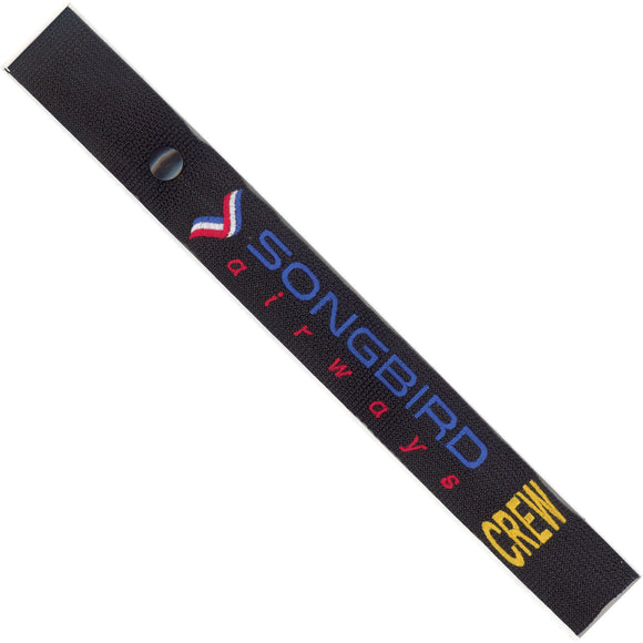 Songbird Airways  in Red, Blue and White on a Black Crew Tag